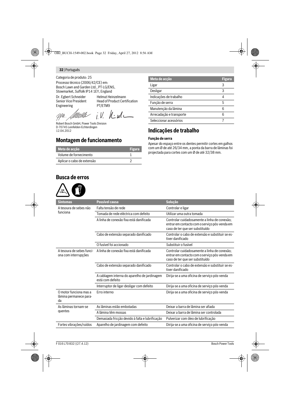 Montagem de funcionamento indicações de trabalho, Busca de erros | Bosch AHS 45-26 User Manual | Page 32 / 168