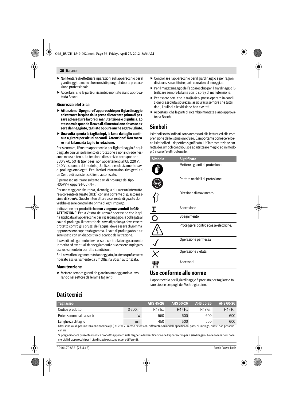 Simboli, Uso conforme alle norme, Dati tecnici | Bosch AHS 45-26 User Manual | Page 36 / 168