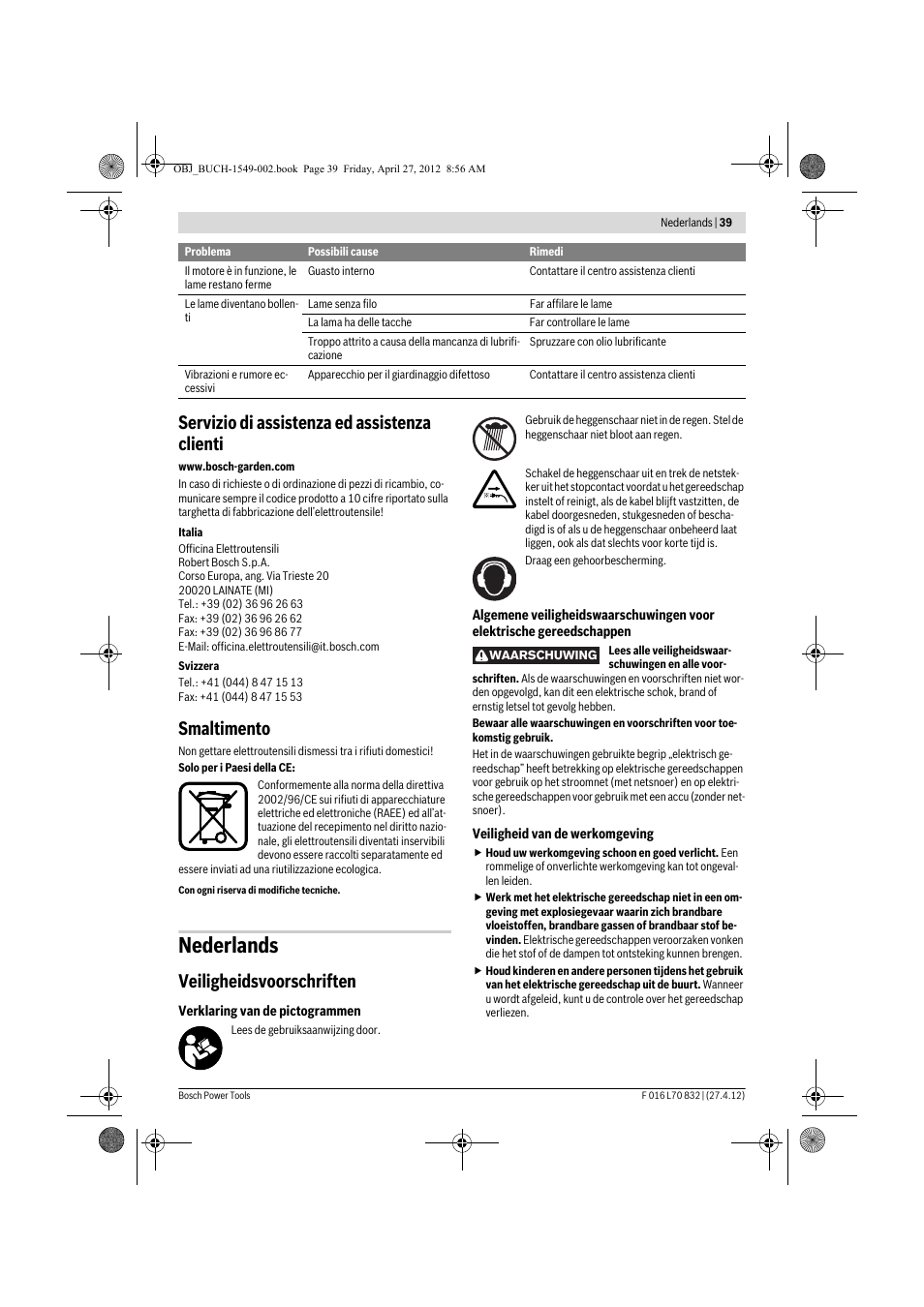 Nederlands, Servizio di assistenza ed assistenza clienti, Smaltimento | Veiligheidsvoorschriften | Bosch AHS 45-26 User Manual | Page 39 / 168