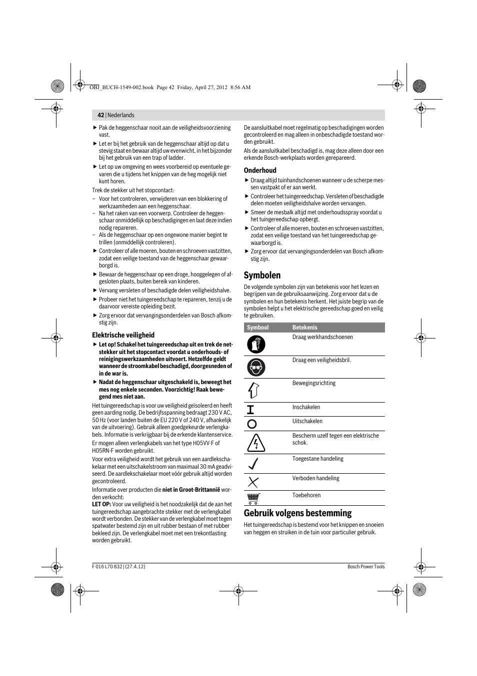 Symbolen, Gebruik volgens bestemming | Bosch AHS 45-26 User Manual | Page 42 / 168