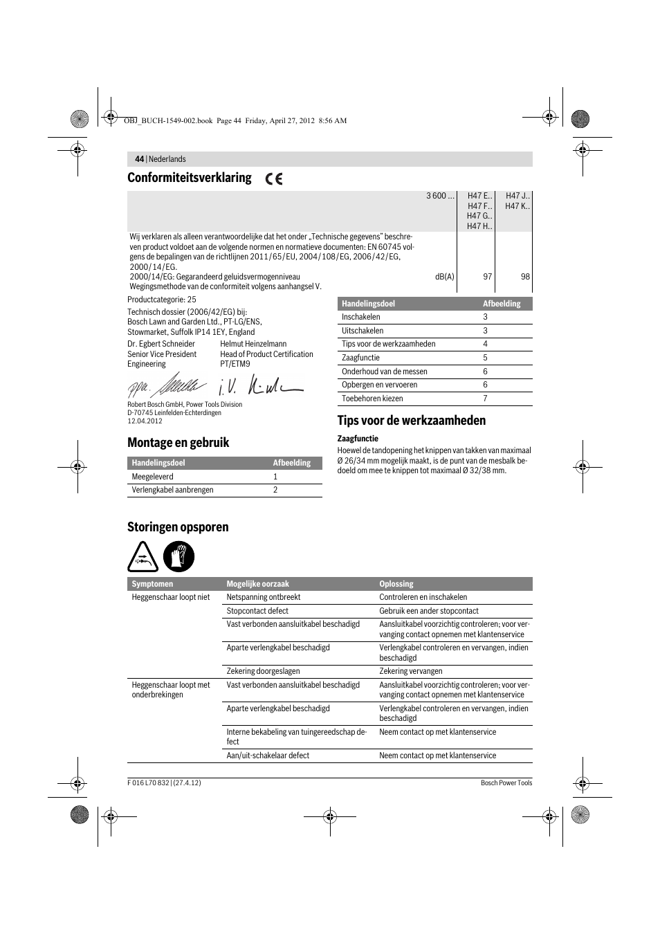 Conformiteitsverklaring, Montage en gebruik tips voor de werkzaamheden, Storingen opsporen | Bosch AHS 45-26 User Manual | Page 44 / 168