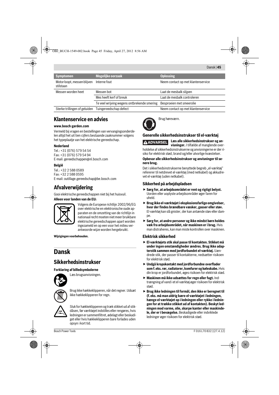 Dansk, Klantenservice en advies, Afvalverwijdering | Sikkerhedsinstrukser | Bosch AHS 45-26 User Manual | Page 45 / 168