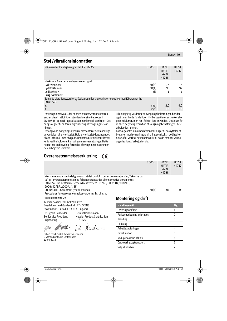 Støj-/vibrationsinformation, Overensstemmelseserklæring, Montering og drift | Bosch AHS 45-26 User Manual | Page 49 / 168