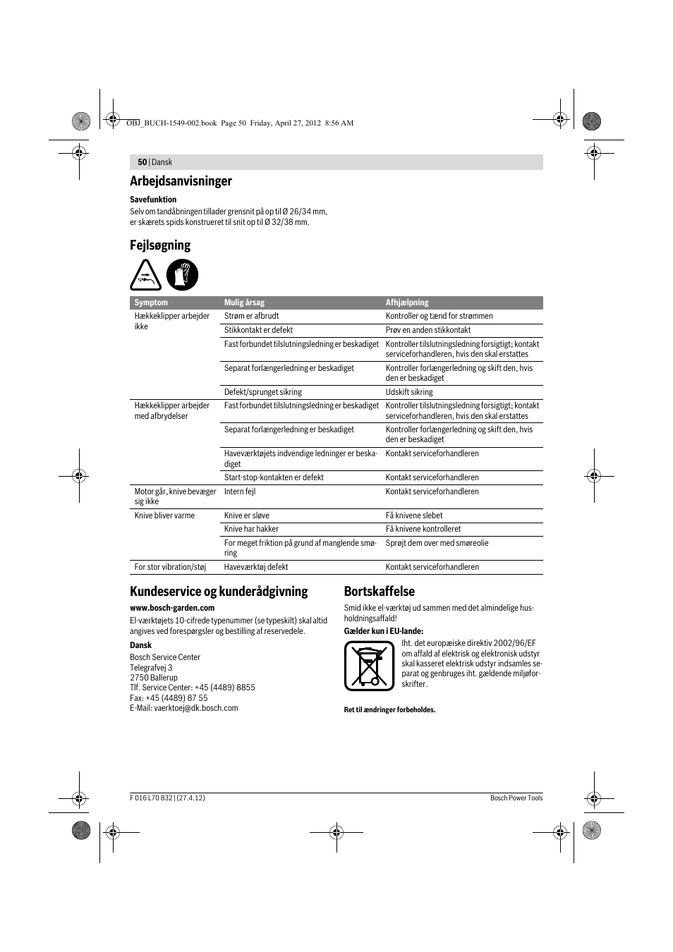 Arbejdsanvisninger, Fejlsøgning kundeservice og kunderådgivning, Bortskaffelse | Bosch AHS 45-26 User Manual | Page 50 / 168