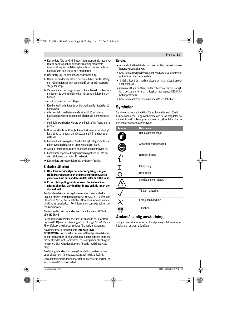 Symboler, Ändamålsenlig användning | Bosch AHS 45-26 User Manual | Page 53 / 168