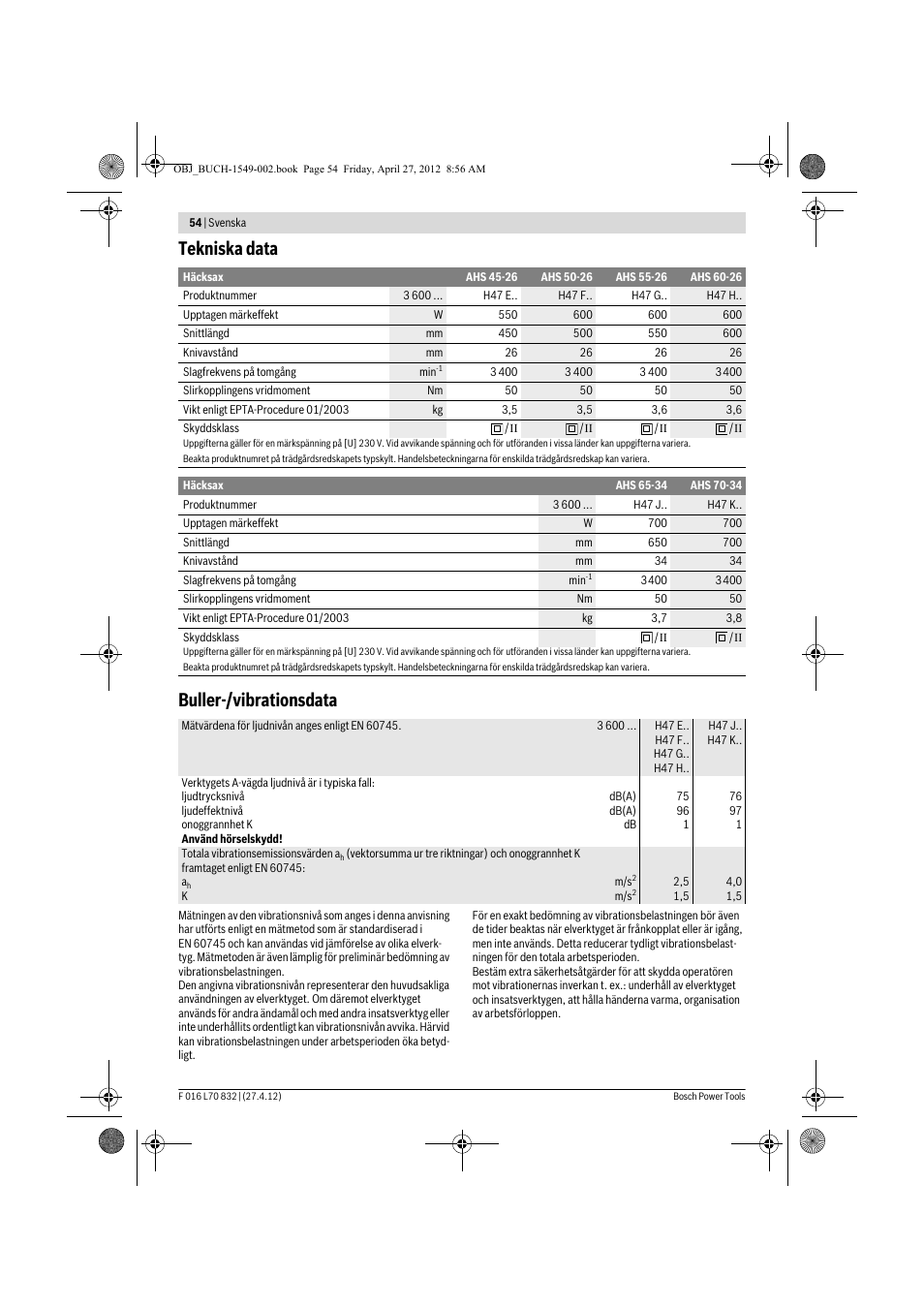 Tekniska data buller-/vibrationsdata | Bosch AHS 45-26 User Manual | Page 54 / 168