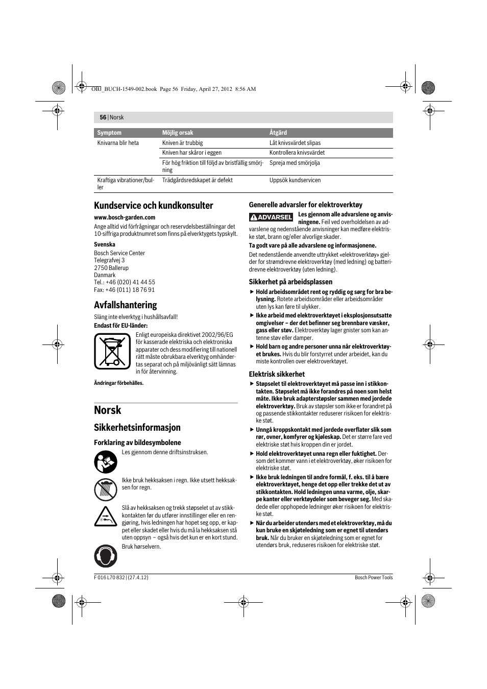 Norsk, Kundservice och kundkonsulter, Avfallshantering | Sikkerhetsinformasjon | Bosch AHS 45-26 User Manual | Page 56 / 168