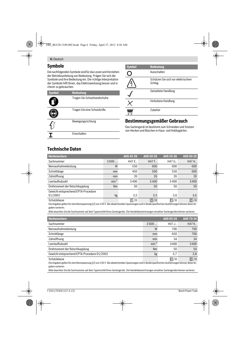 Symbole, Bestimmungsgemäßer gebrauch, Technische daten | Bosch AHS 45-26 User Manual | Page 6 / 168