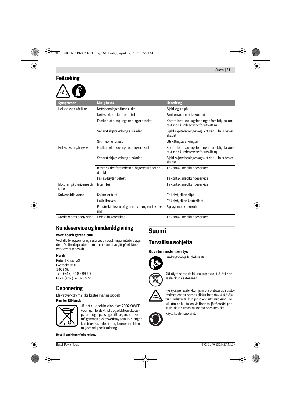 Suomi, Feilsøking kundeservice og kunderådgivning, Deponering | Turvallisuusohjeita | Bosch AHS 45-26 User Manual | Page 61 / 168