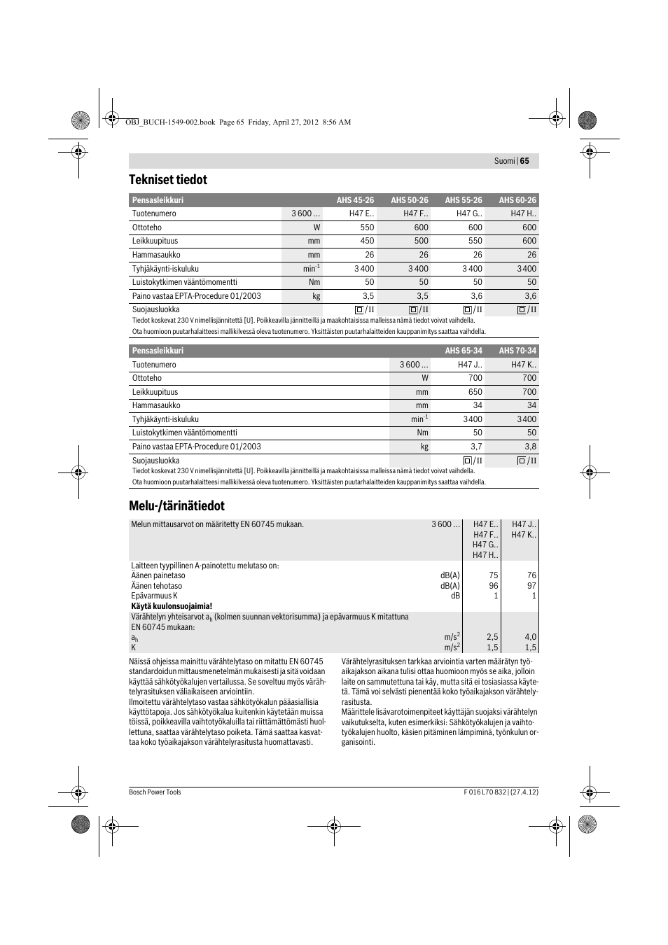 Tekniset tiedot melu-/tärinätiedot | Bosch AHS 45-26 User Manual | Page 65 / 168