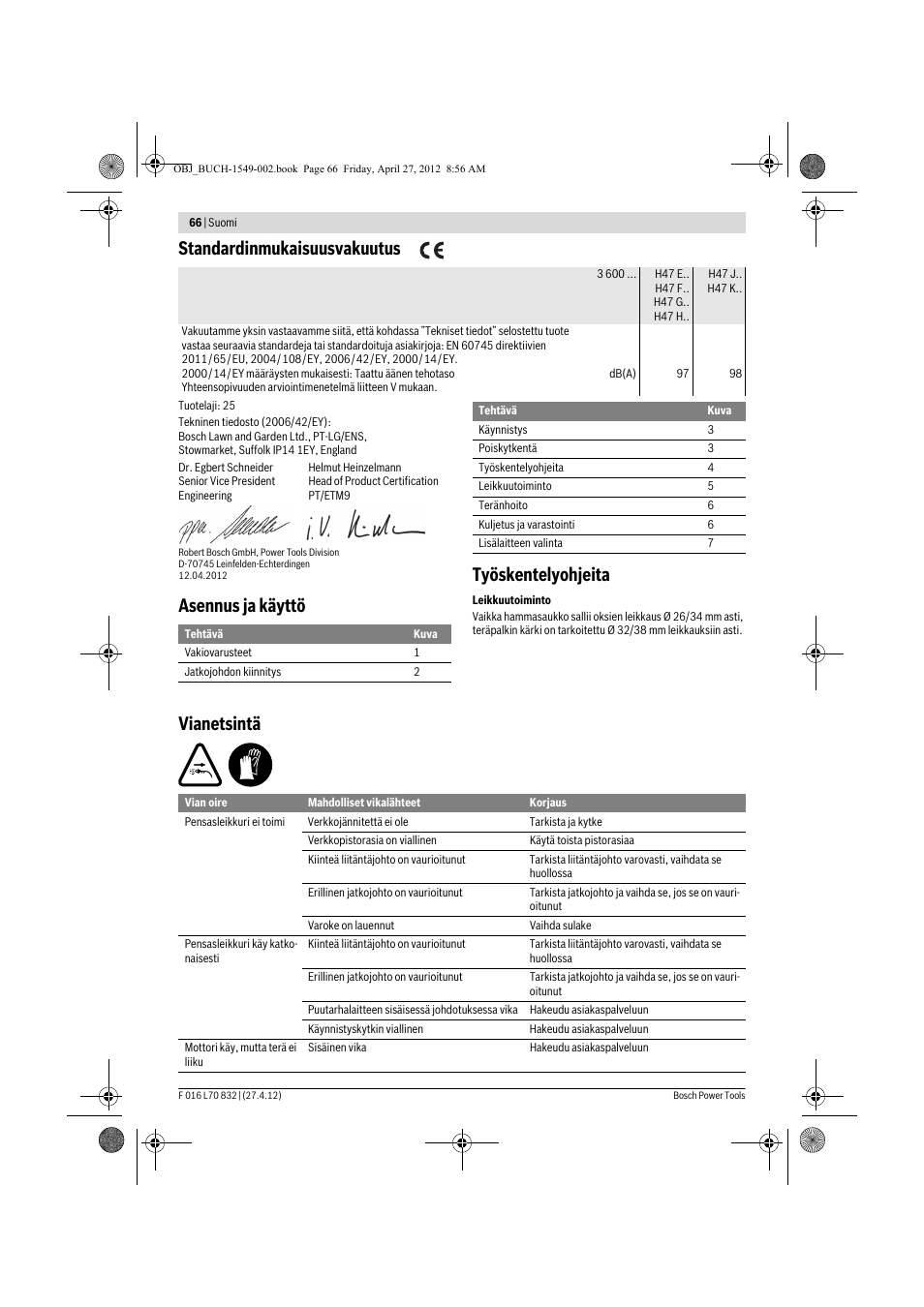 Standardinmukaisuusvakuutus, Asennus ja käyttö työskentelyohjeita, Vianetsintä | Bosch AHS 45-26 User Manual | Page 66 / 168