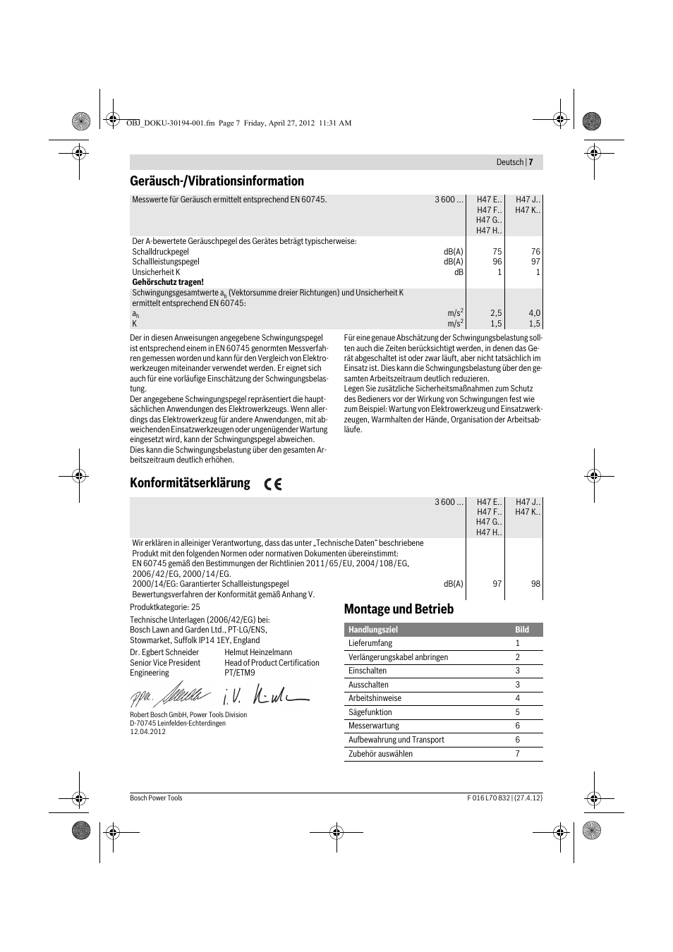 Geräusch-/vibrationsinformation, Konformitätserklärung, Montage und betrieb | Bosch AHS 45-26 User Manual | Page 7 / 168