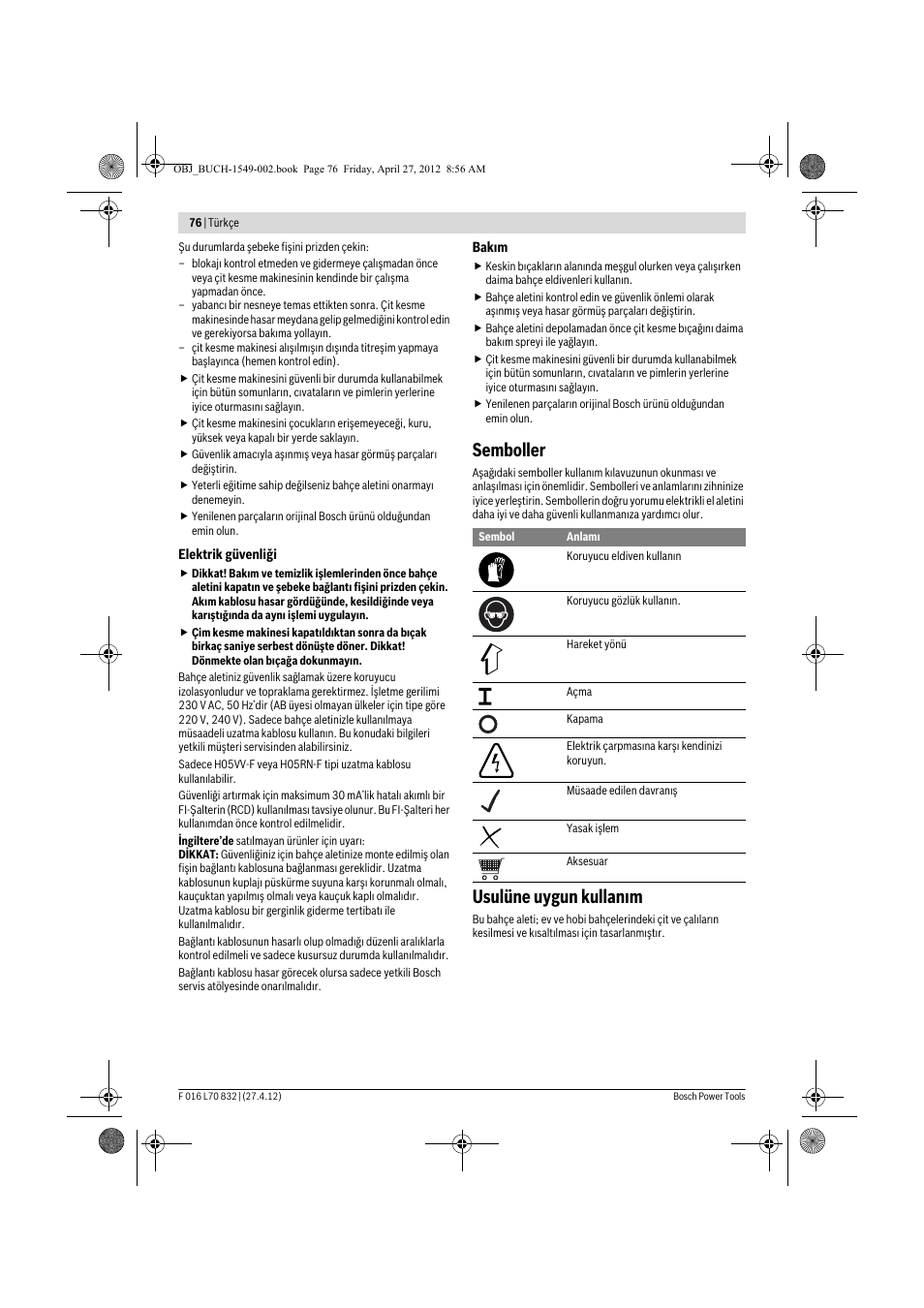 Semboller, Usulüne uygun kullan m | Bosch AHS 45-26 User Manual | Page 76 / 168