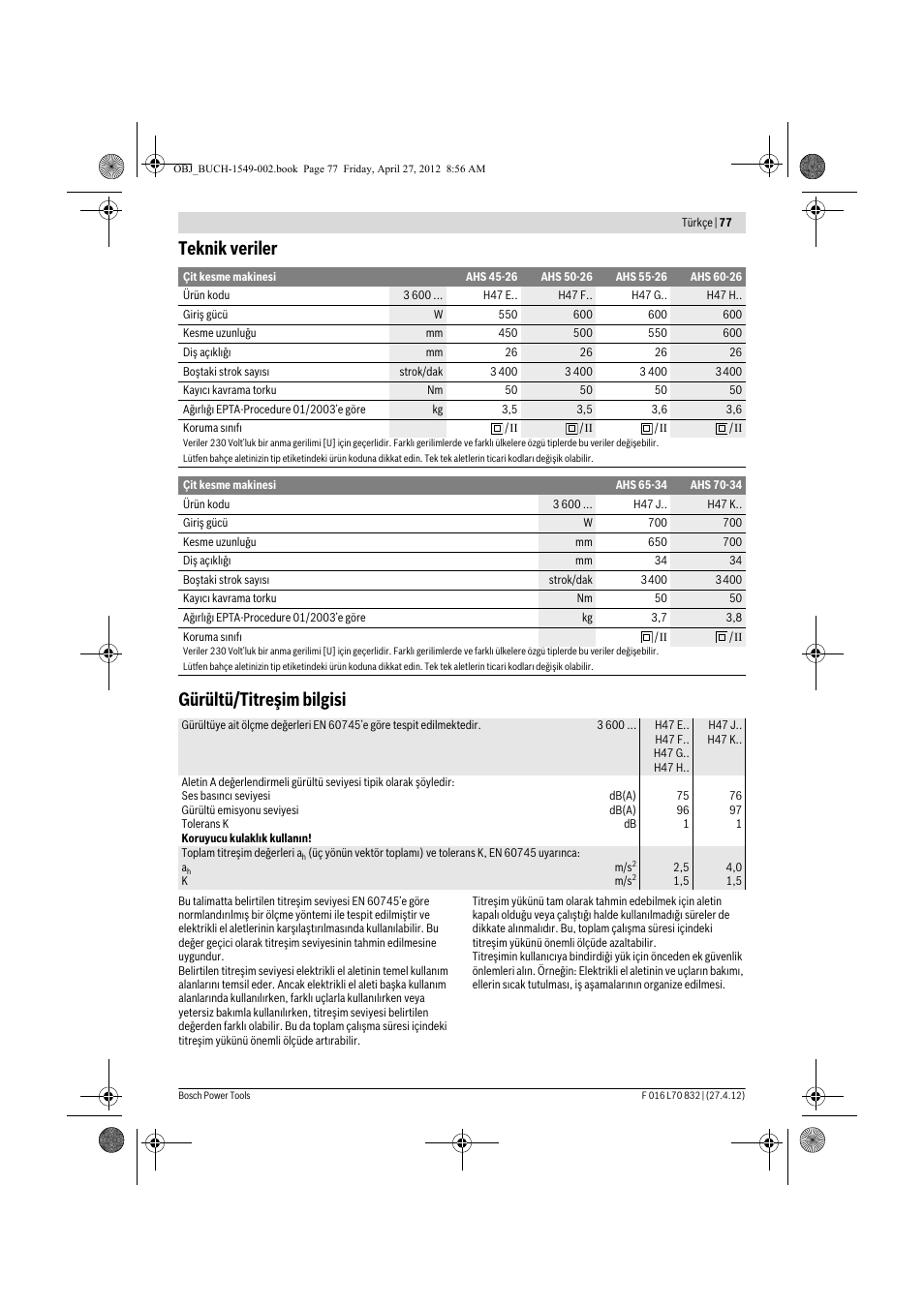 Teknik veriler gürültü/titreşim bilgisi | Bosch AHS 45-26 User Manual | Page 77 / 168