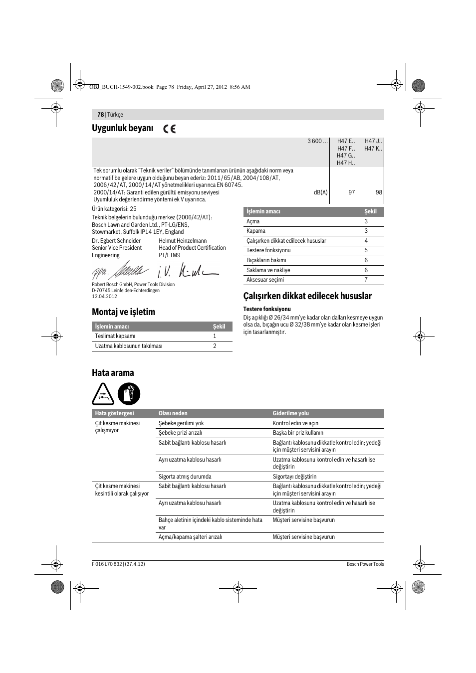 Uygunluk beyan, Hata arama | Bosch AHS 45-26 User Manual | Page 78 / 168