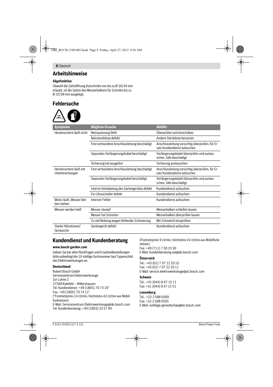 Arbeitshinweise, Fehlersuche kundendienst und kundenberatung | Bosch AHS 45-26 User Manual | Page 8 / 168