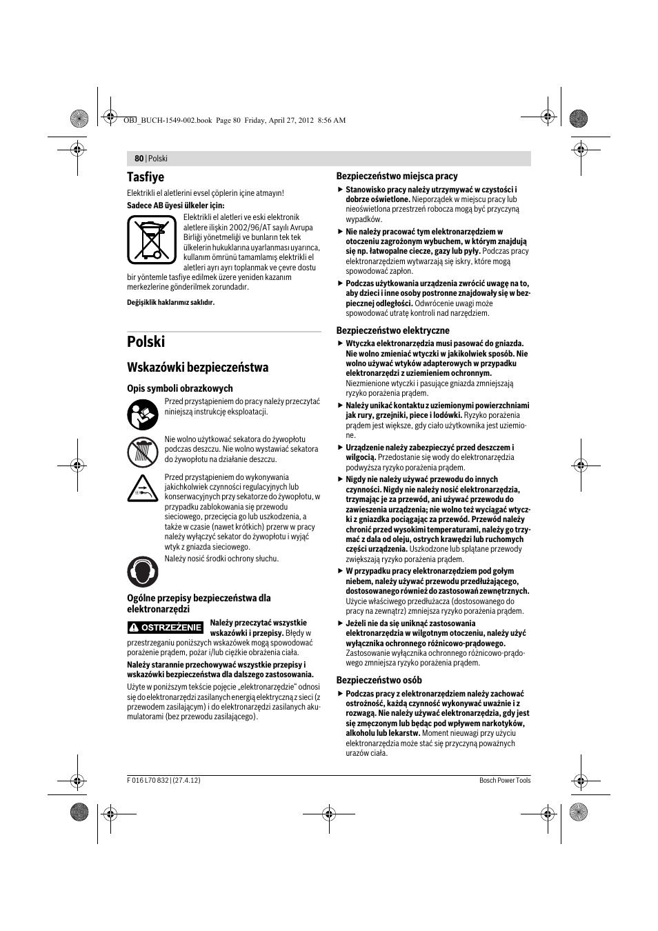 Polski, Tasfiye, Wskazówki bezpieczeństwa | Bosch AHS 45-26 User Manual | Page 80 / 168