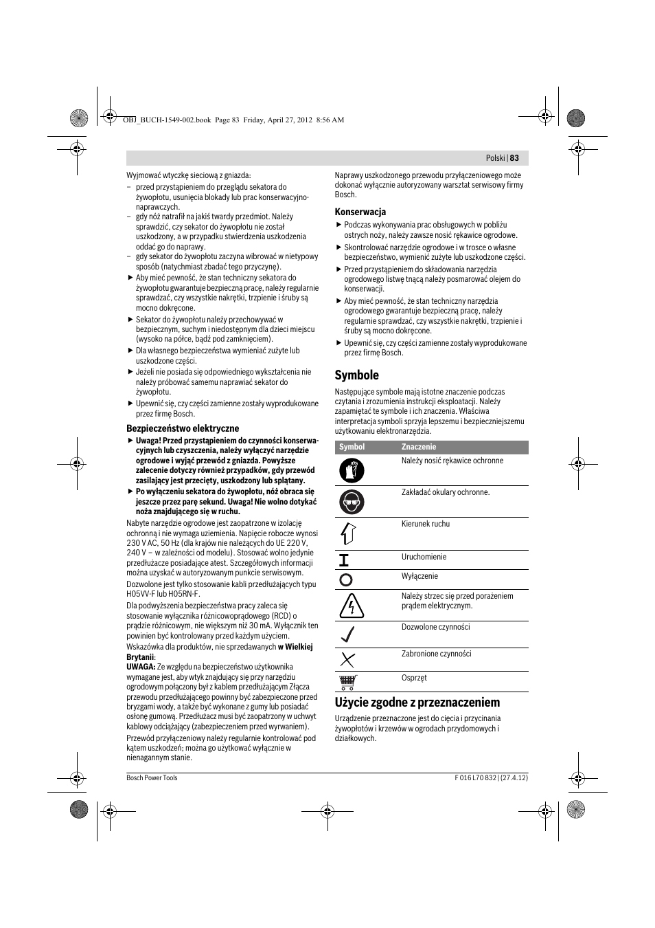 Symbole, Użycie zgodne z przeznaczeniem | Bosch AHS 45-26 User Manual | Page 83 / 168