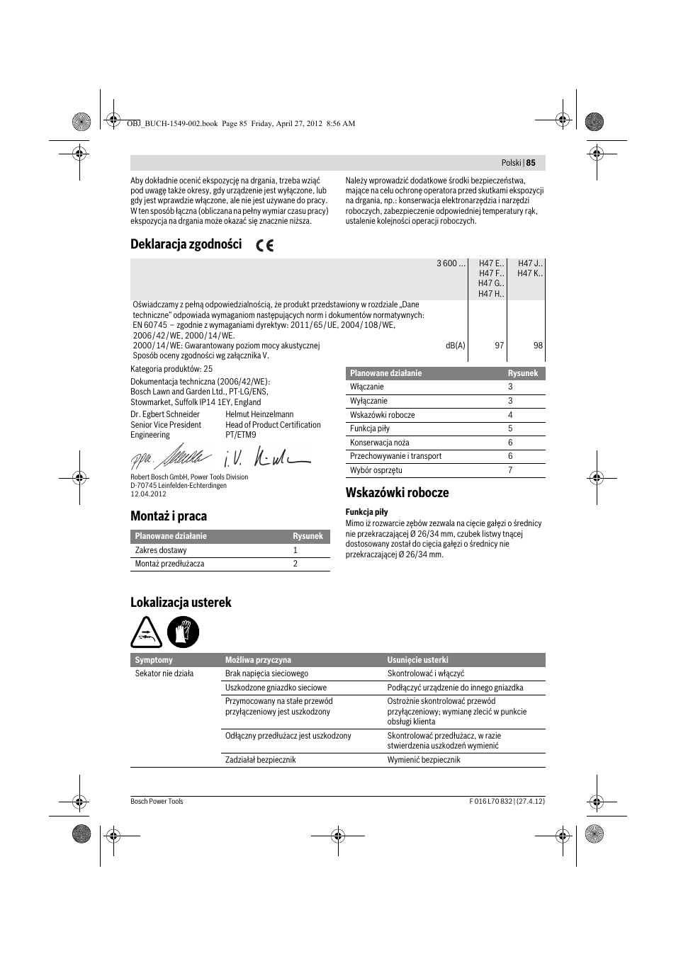 Deklaracja zgodności, Montaż i praca wskazówki robocze, Lokalizacja usterek | Bosch AHS 45-26 User Manual | Page 85 / 168