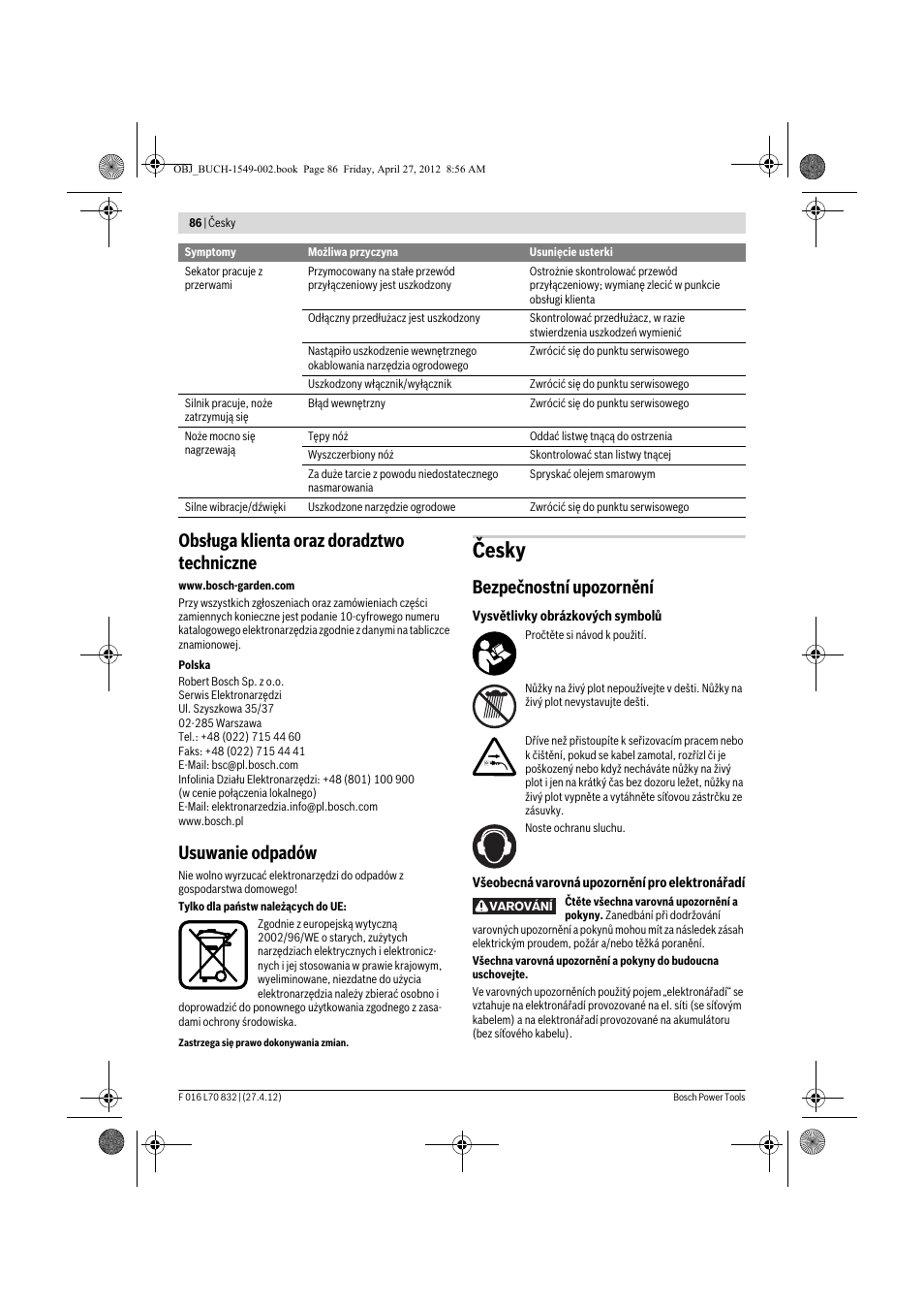 Česky, Obsługa klienta oraz doradztwo techniczne, Usuwanie odpadów | Bezpečnostní upozornění | Bosch AHS 45-26 User Manual | Page 86 / 168