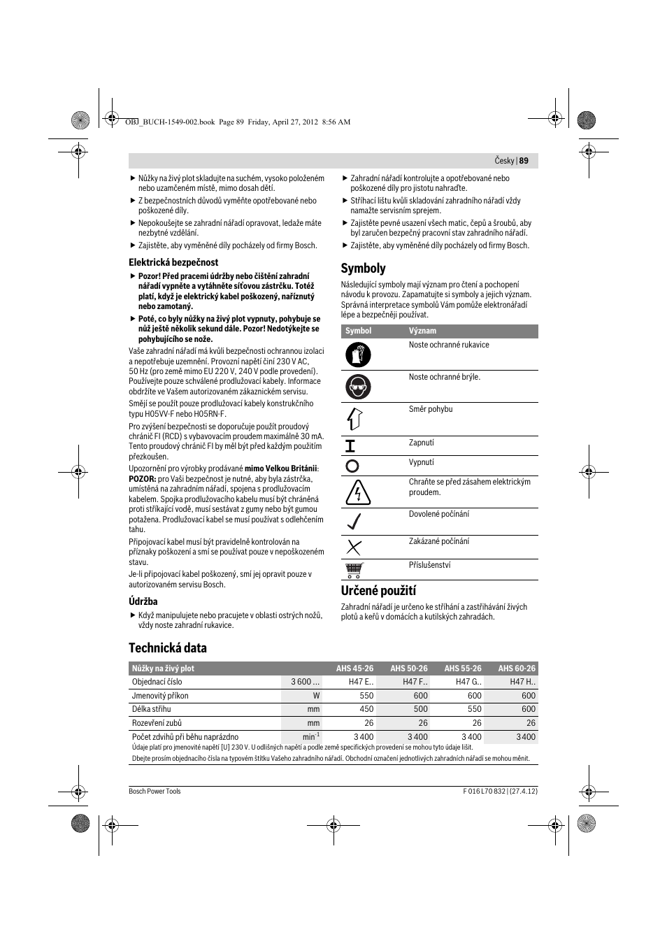 Symboly, Určené použití, Technická data | Bosch AHS 45-26 User Manual | Page 89 / 168