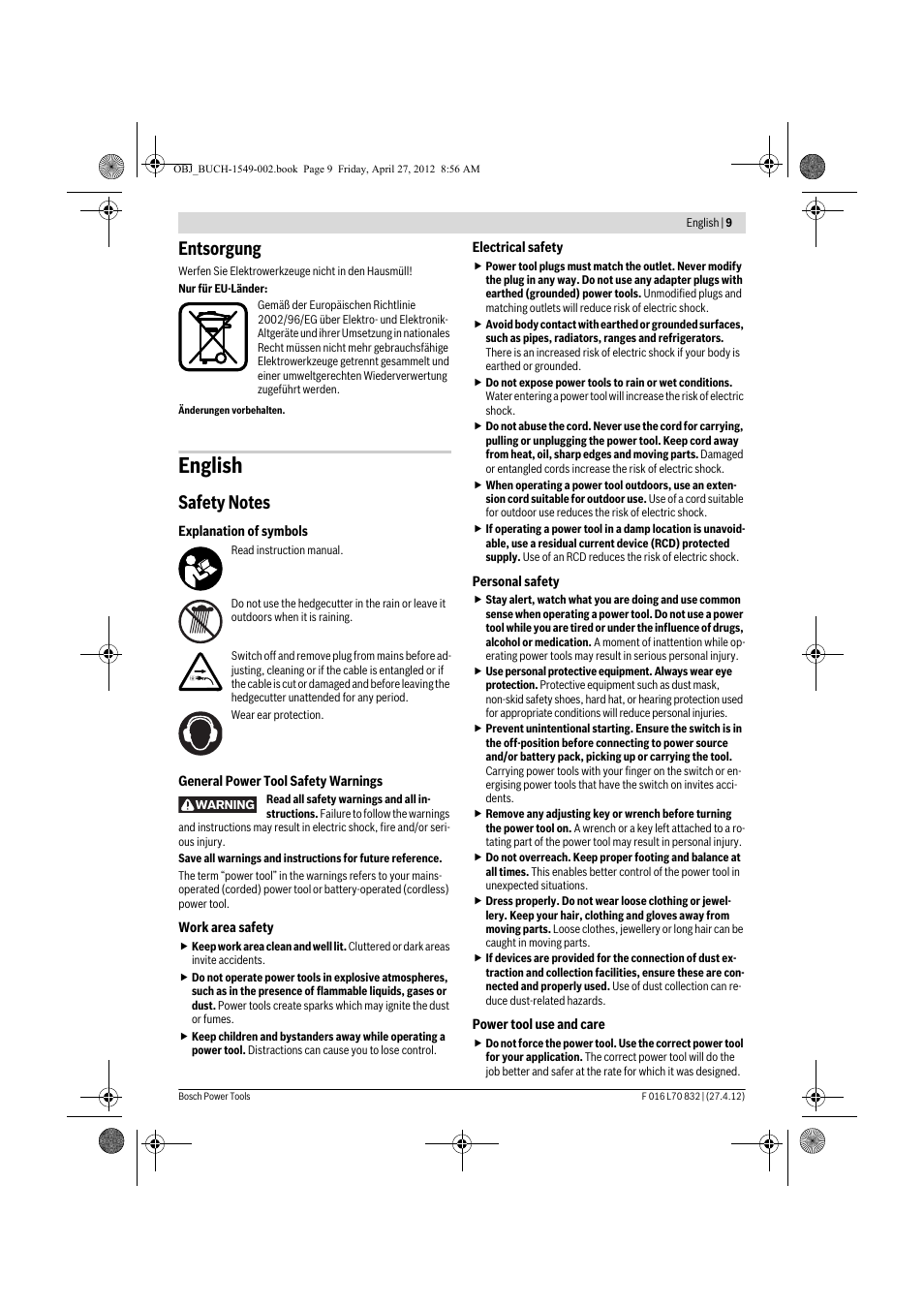 English, Entsorgung | Bosch AHS 45-26 User Manual | Page 9 / 168