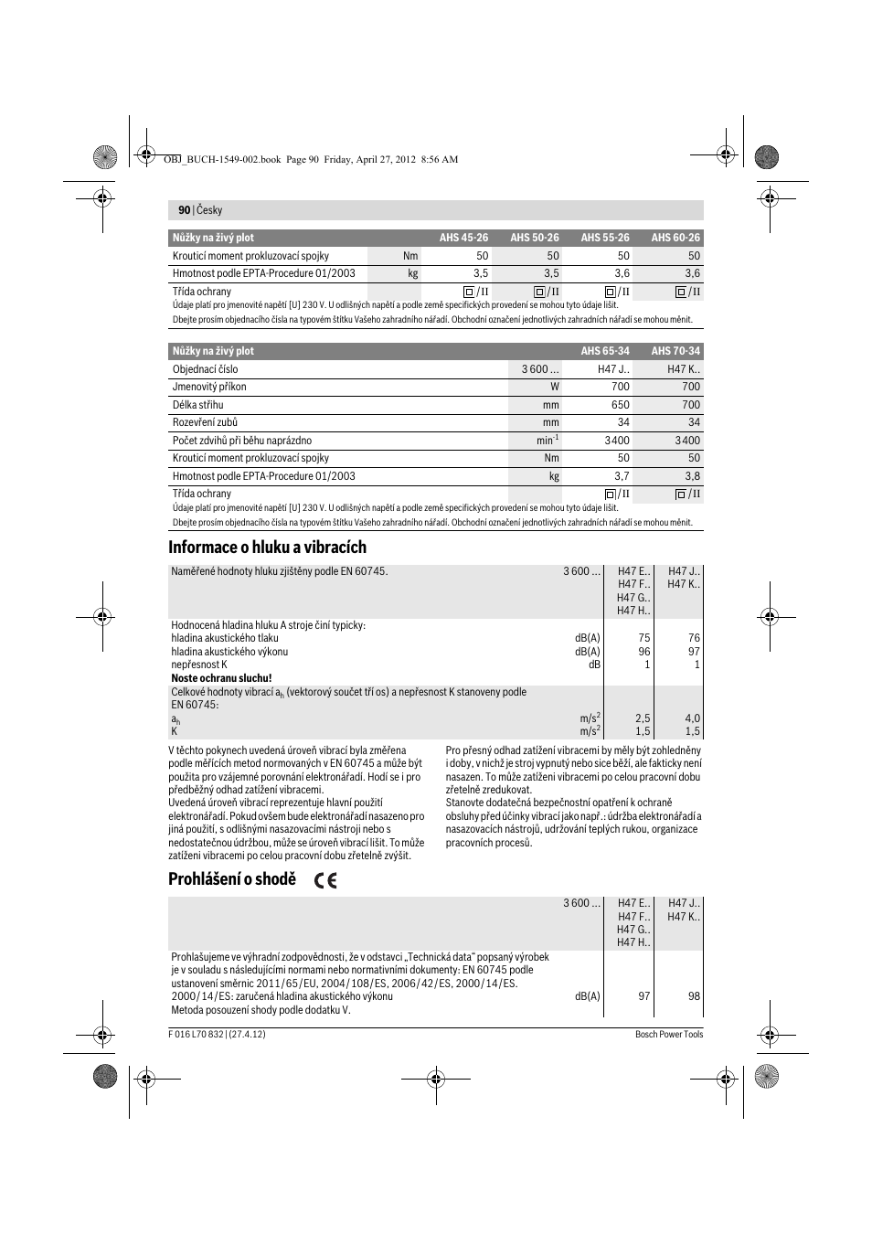Informace o hluku a vibracích, Prohlášení o shodě | Bosch AHS 45-26 User Manual | Page 90 / 168