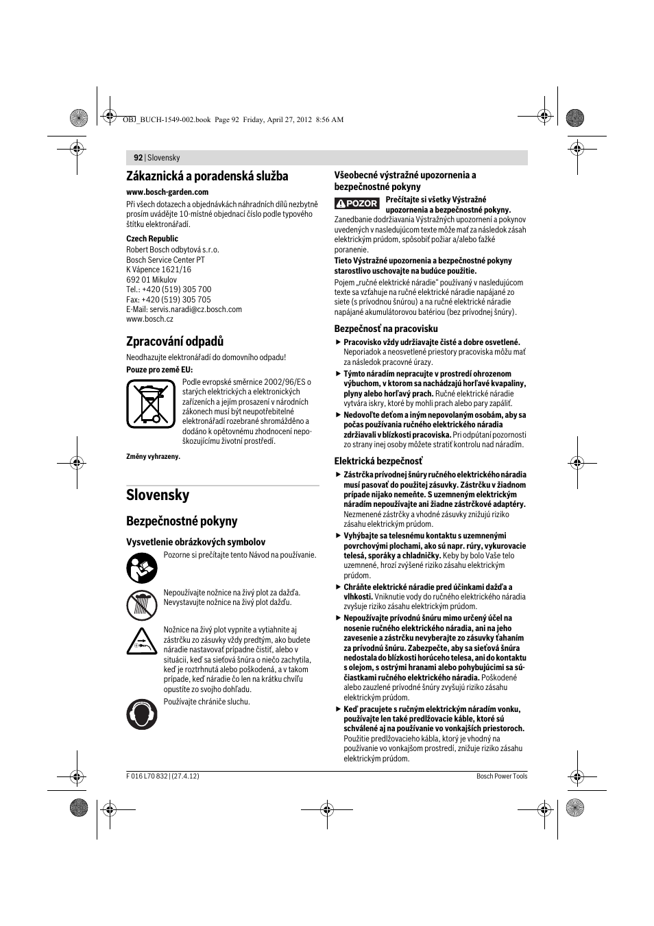 Slovensky, Zákaznická a poradenská služba, Zpracování odpadů | Bezpečnostné pokyny | Bosch AHS 45-26 User Manual | Page 92 / 168