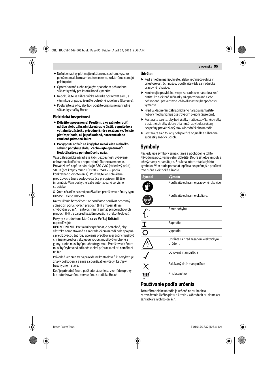 Symboly, Používanie podľa určenia | Bosch AHS 45-26 User Manual | Page 95 / 168