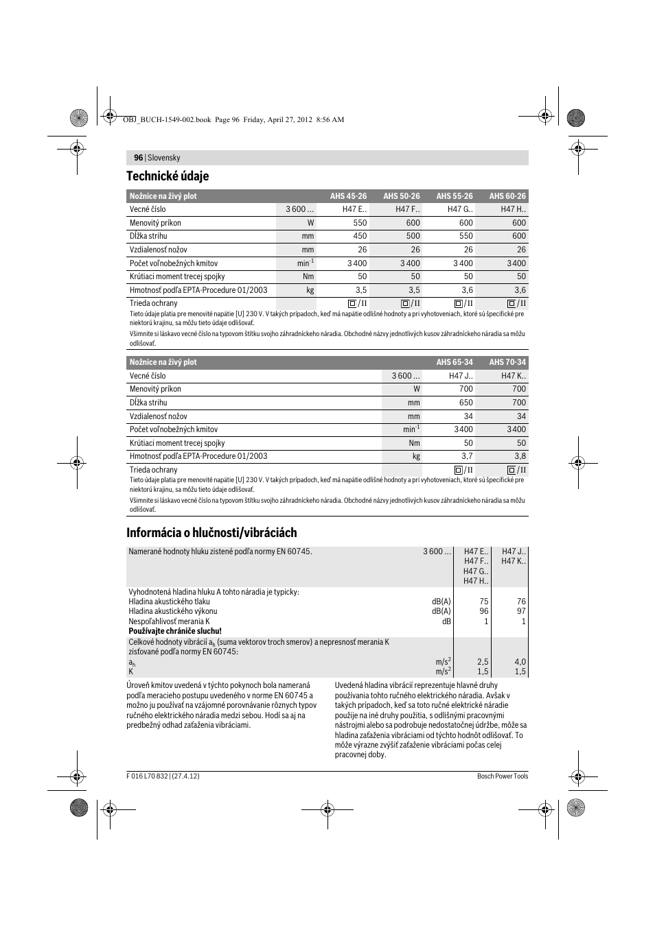 Technické údaje informácia o hlučnosti/vibráciách | Bosch AHS 45-26 User Manual | Page 96 / 168