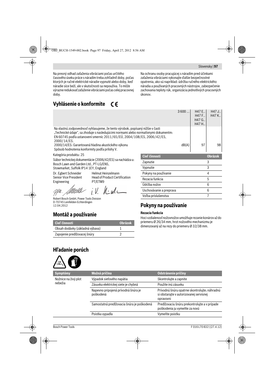 Vyhlásenie o konformite, Montáž a používanie pokyny na používanie, Hľadanie porúch | Bosch AHS 45-26 User Manual | Page 97 / 168