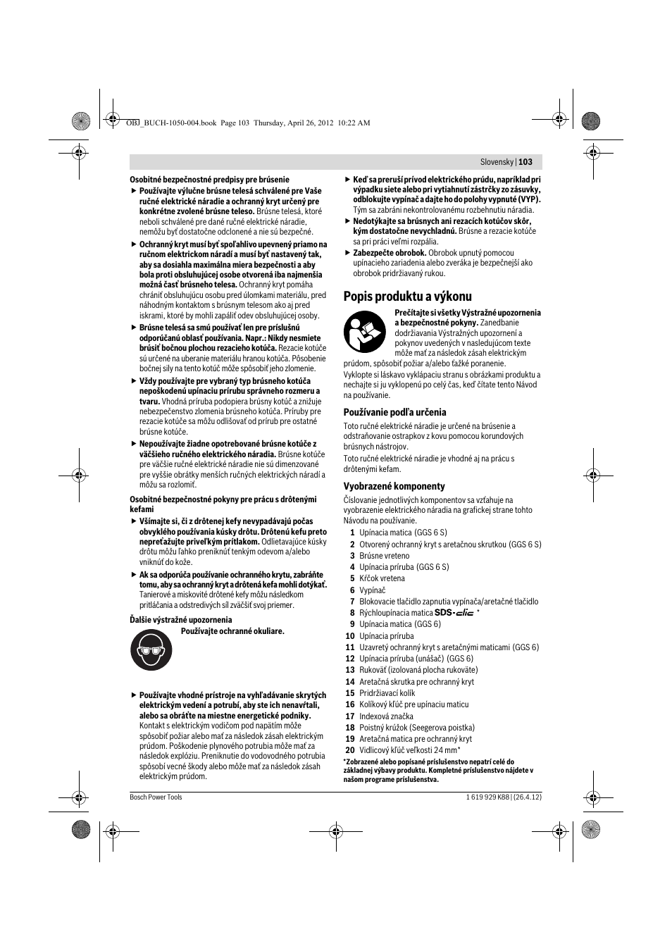 Popis produktu a výkonu | Bosch GGS 6 S Professional User Manual | Page 103 / 190