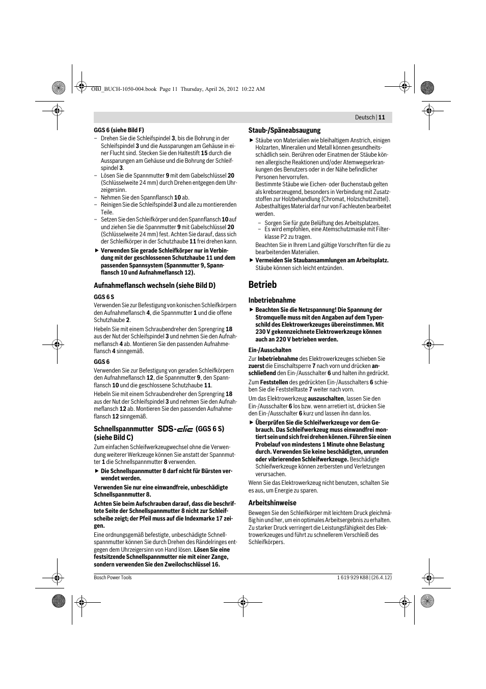 Betrieb | Bosch GGS 6 S Professional User Manual | Page 11 / 190