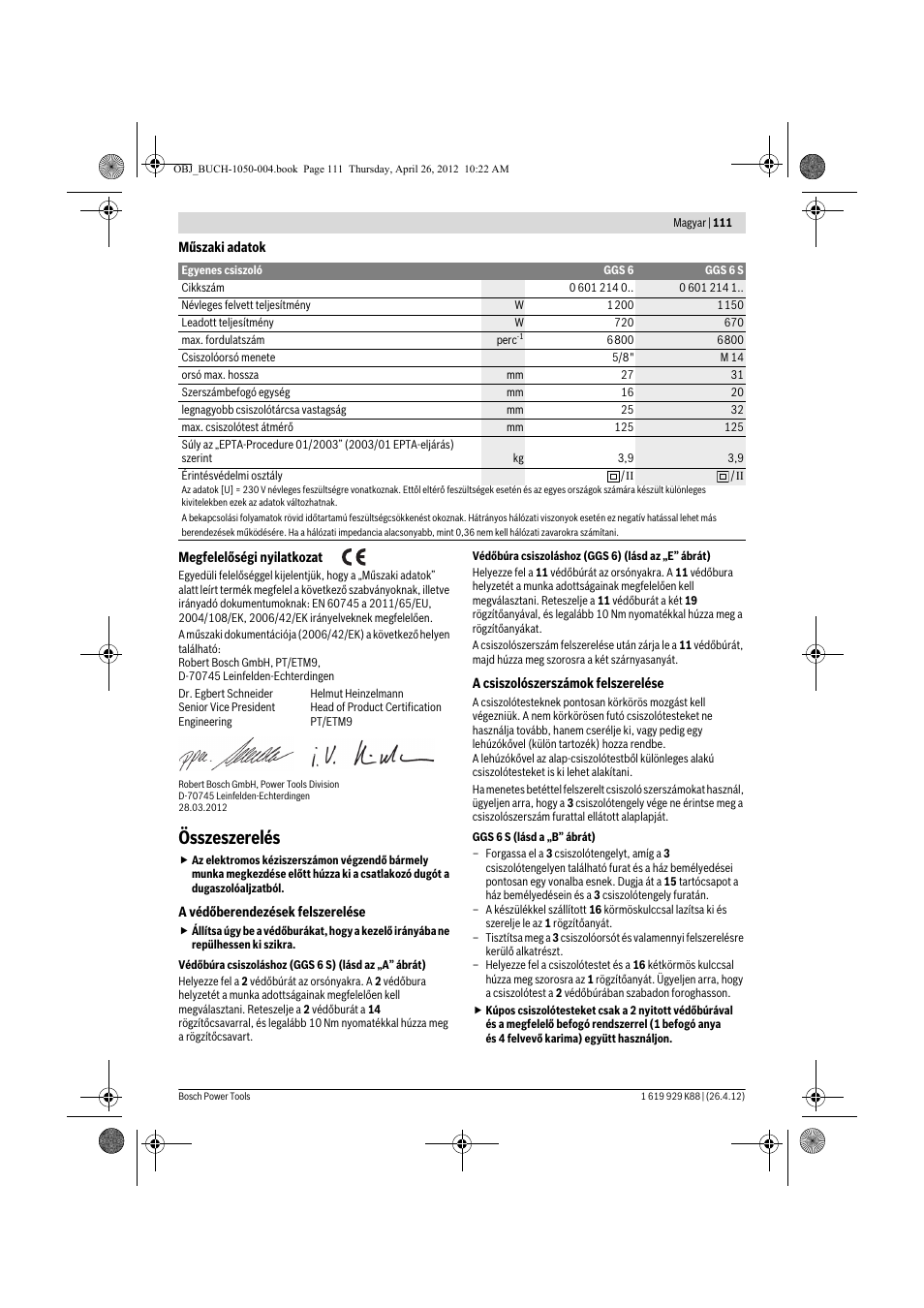 Összeszerelés | Bosch GGS 6 S Professional User Manual | Page 111 / 190