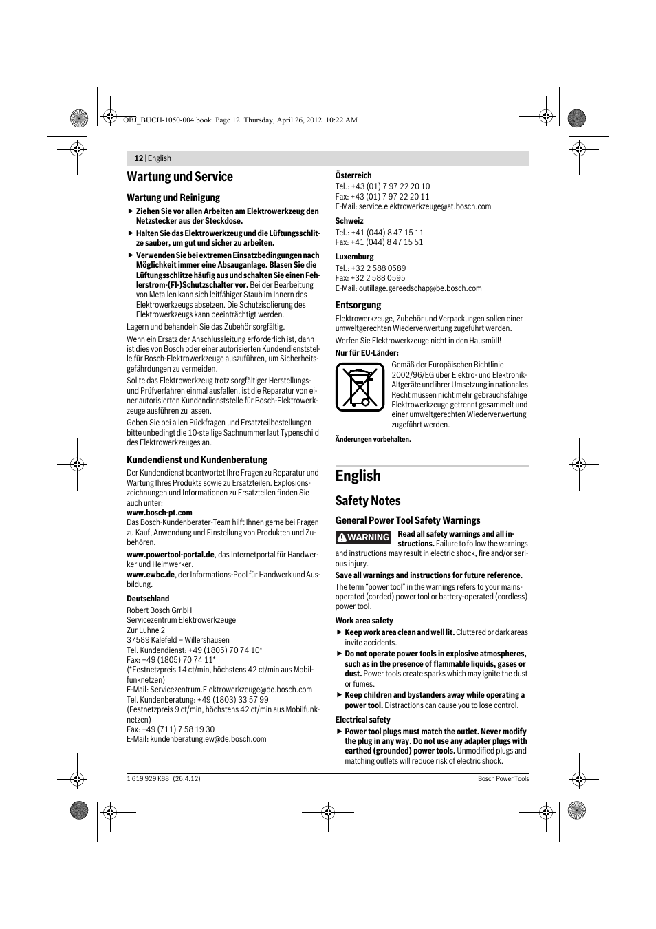 English, Wartung und service | Bosch GGS 6 S Professional User Manual | Page 12 / 190