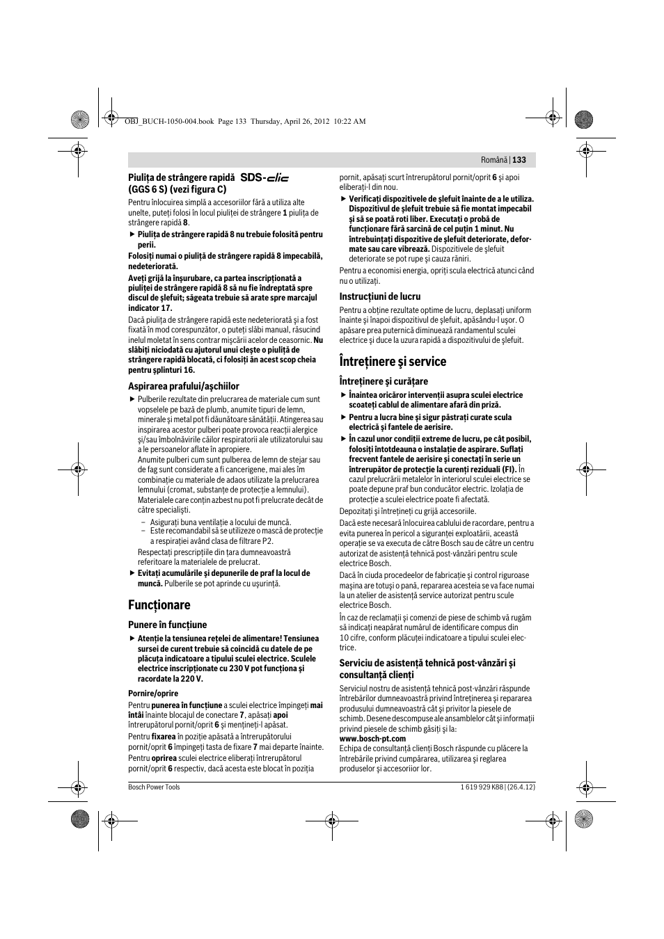 Funcţionare, Întreţinere şi service | Bosch GGS 6 S Professional User Manual | Page 133 / 190