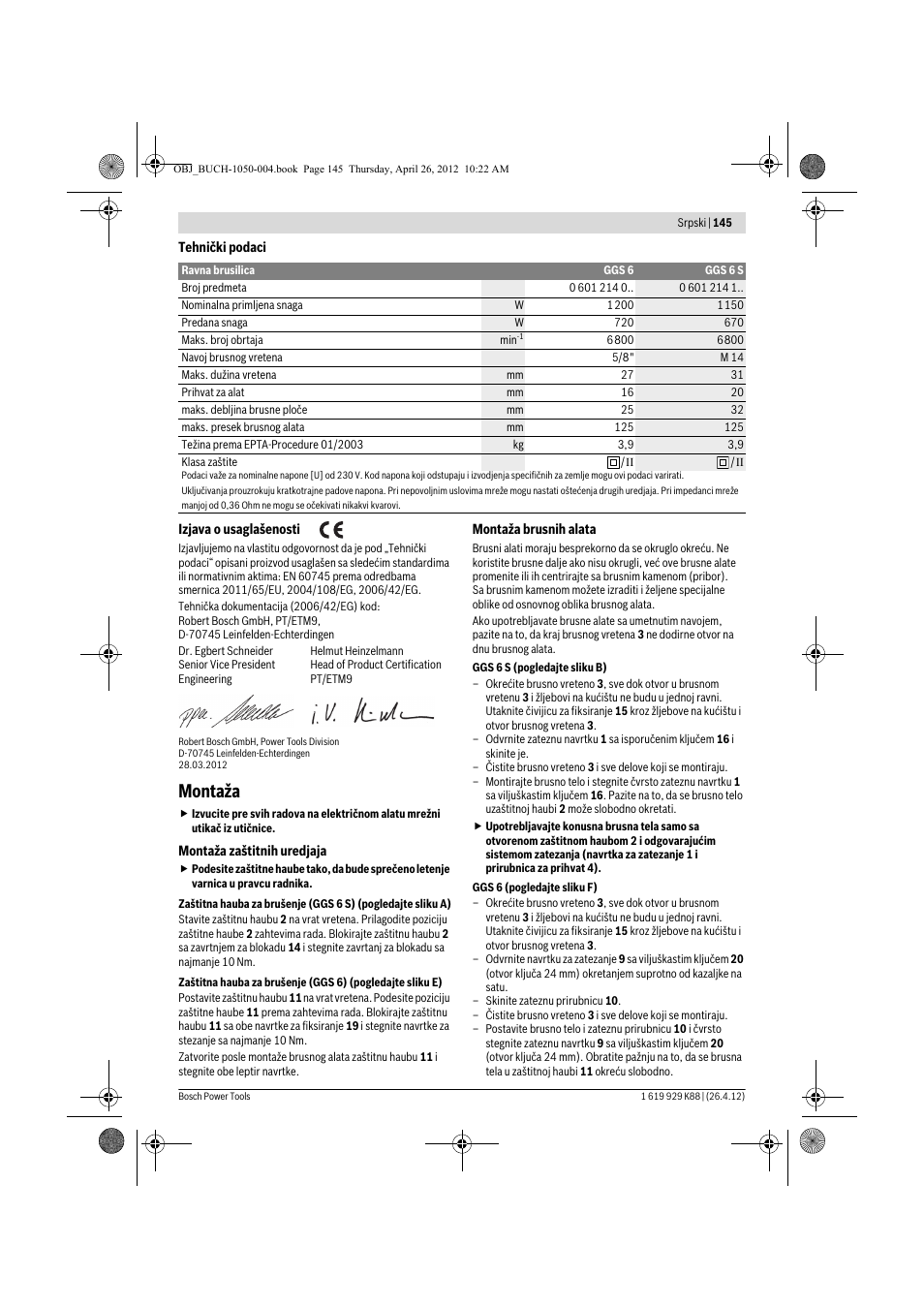 Montaža | Bosch GGS 6 S Professional User Manual | Page 145 / 190