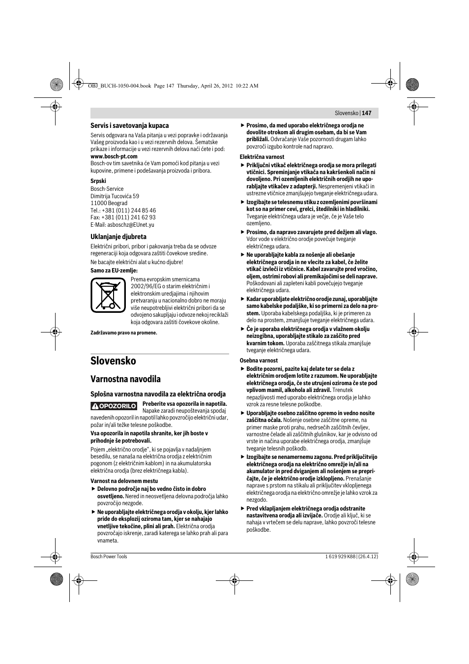 Slovensko, Varnostna navodila | Bosch GGS 6 S Professional User Manual | Page 147 / 190