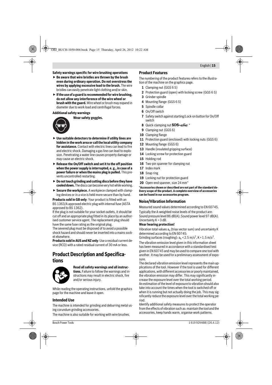 Product description and specifica- tions | Bosch GGS 6 S Professional User Manual | Page 15 / 190