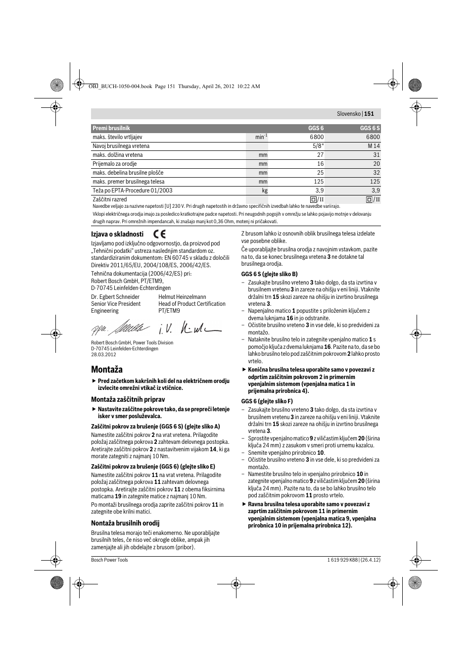 Montaža | Bosch GGS 6 S Professional User Manual | Page 151 / 190