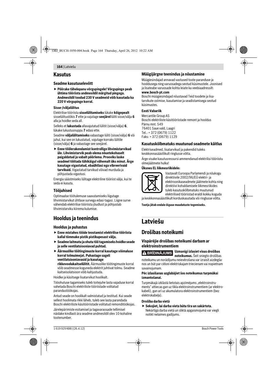 Latviešu, Kasutus, Hooldus ja teenindus | Bosch GGS 6 S Professional User Manual | Page 164 / 190