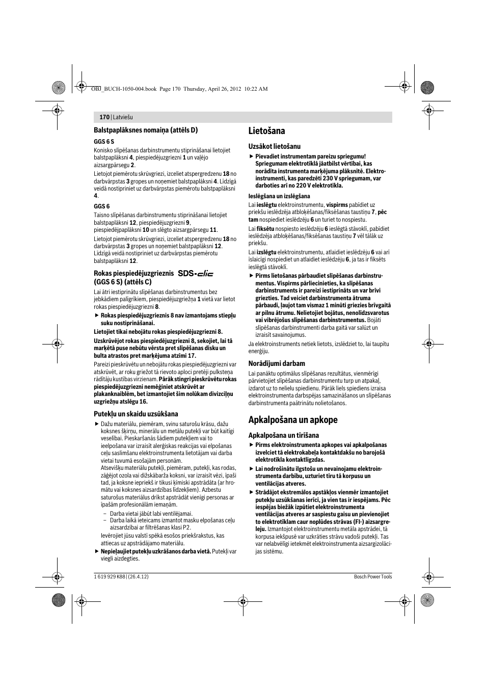 Lietošana, Apkalpošana un apkope | Bosch GGS 6 S Professional User Manual | Page 170 / 190