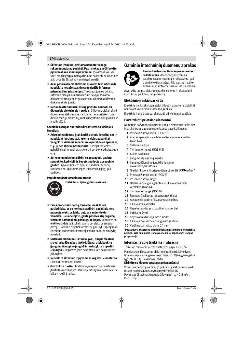 Gaminio ir techninių duomenų aprašas | Bosch GGS 6 S Professional User Manual | Page 174 / 190