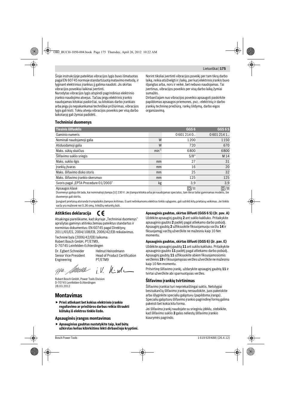 Montavimas | Bosch GGS 6 S Professional User Manual | Page 175 / 190