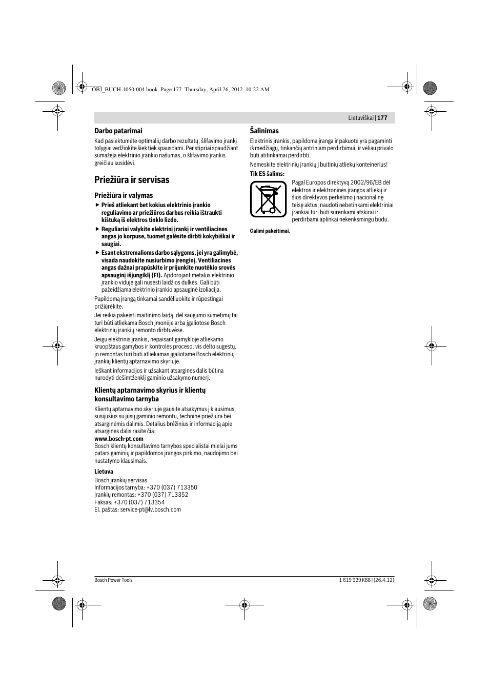 Priežiūra ir servisas | Bosch GGS 6 S Professional User Manual | Page 177 / 190