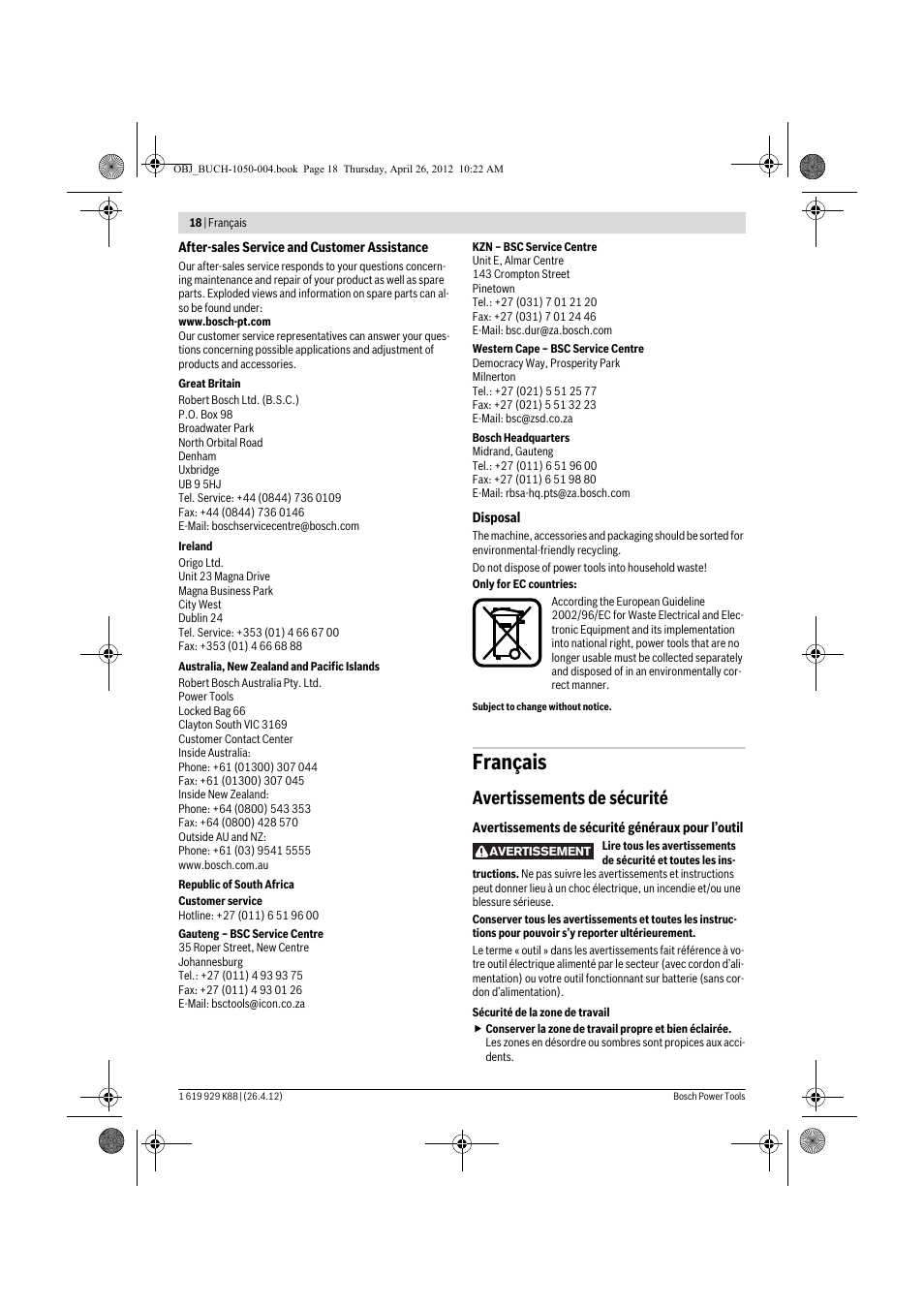 Français, Avertissements de sécurité | Bosch GGS 6 S Professional User Manual | Page 18 / 190