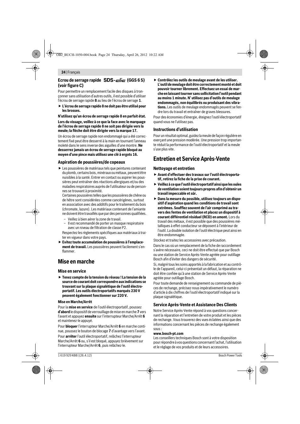 Mise en marche, Entretien et service après-vente | Bosch GGS 6 S Professional User Manual | Page 24 / 190