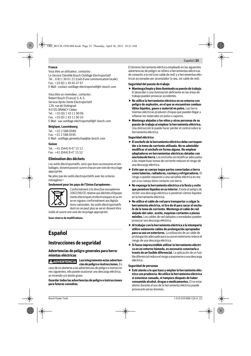 Español, Instrucciones de seguridad | Bosch GGS 6 S Professional User Manual | Page 25 / 190