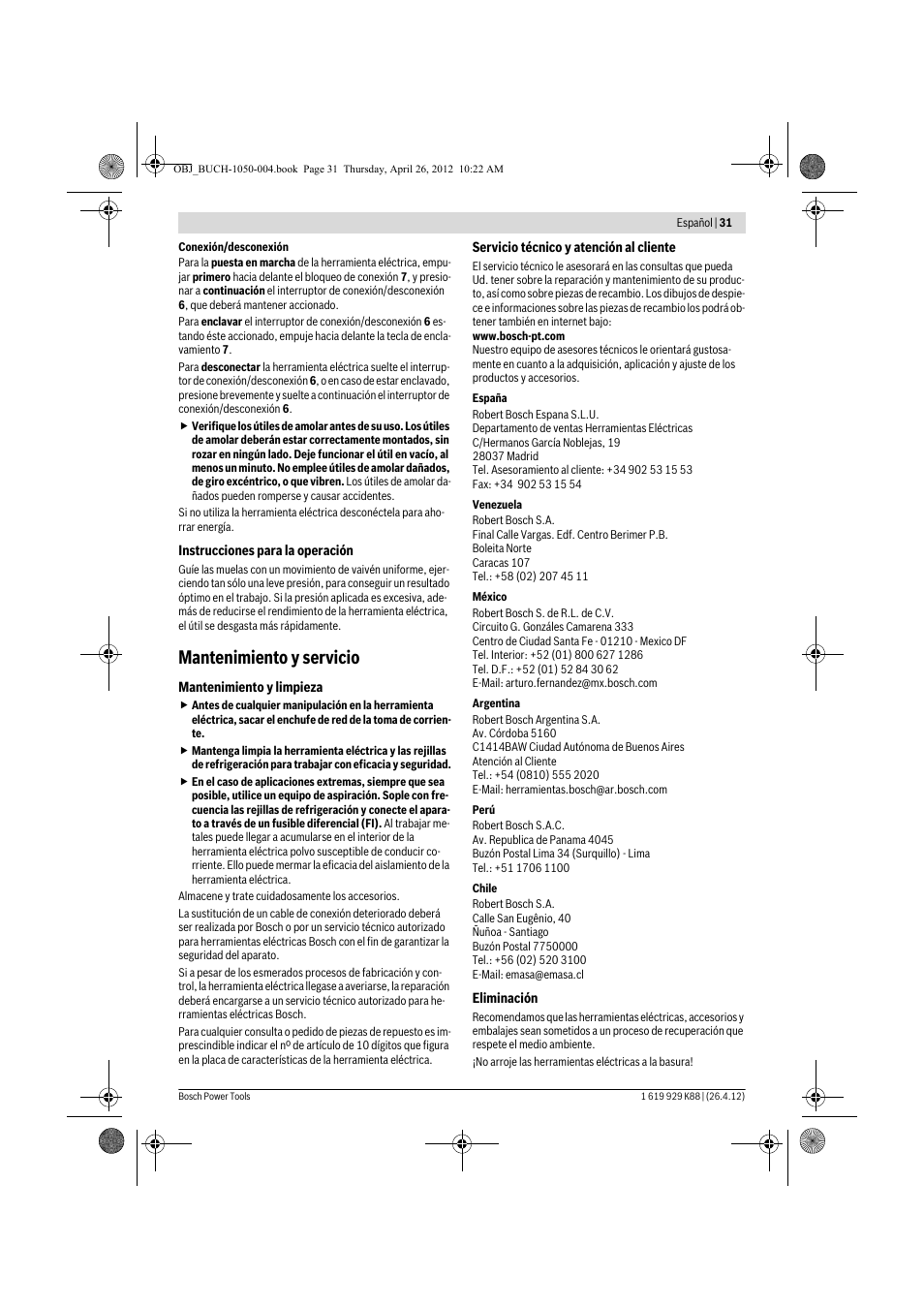 Mantenimiento y servicio | Bosch GGS 6 S Professional User Manual | Page 31 / 190
