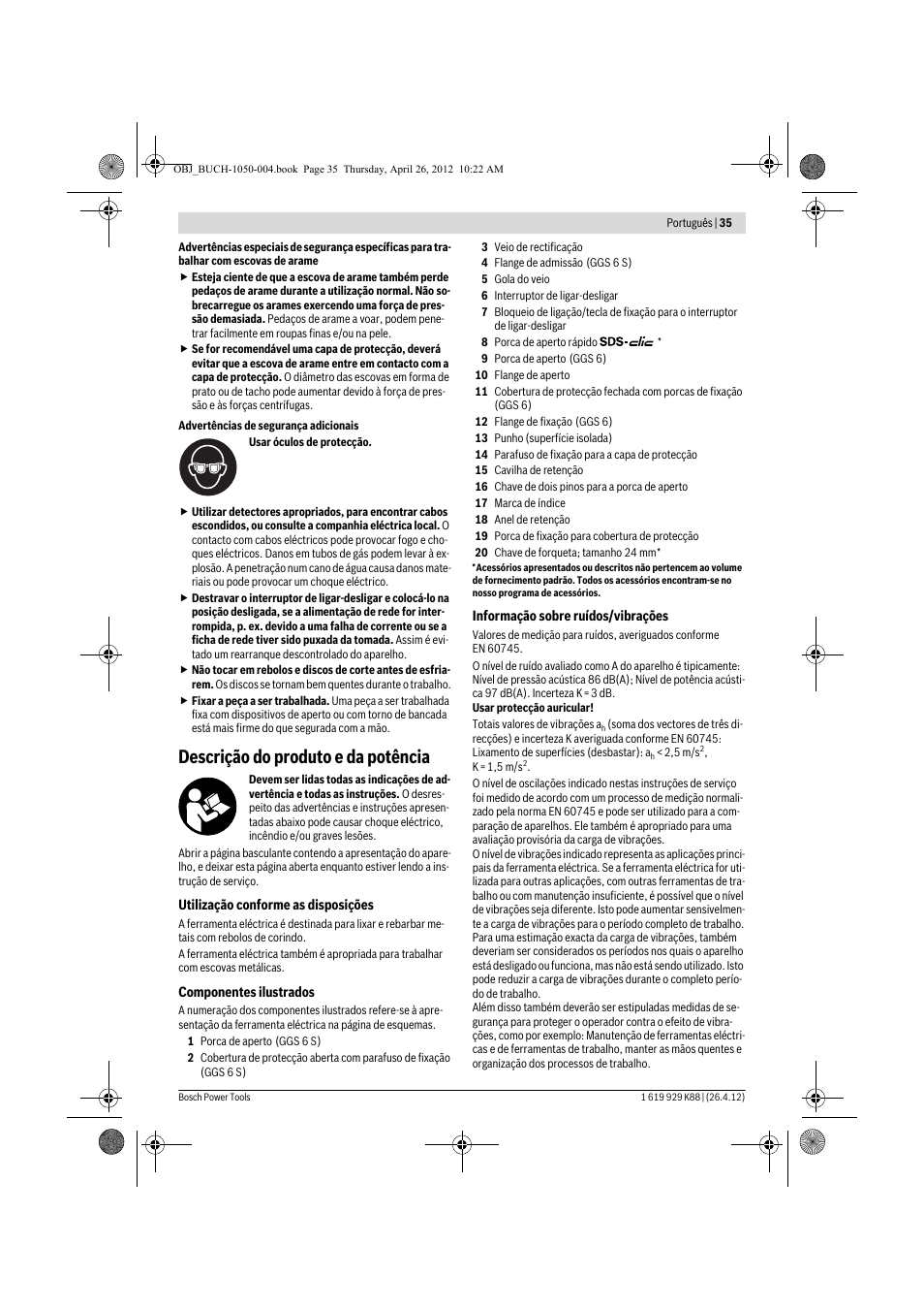 Descrição do produto e da potência | Bosch GGS 6 S Professional User Manual | Page 35 / 190